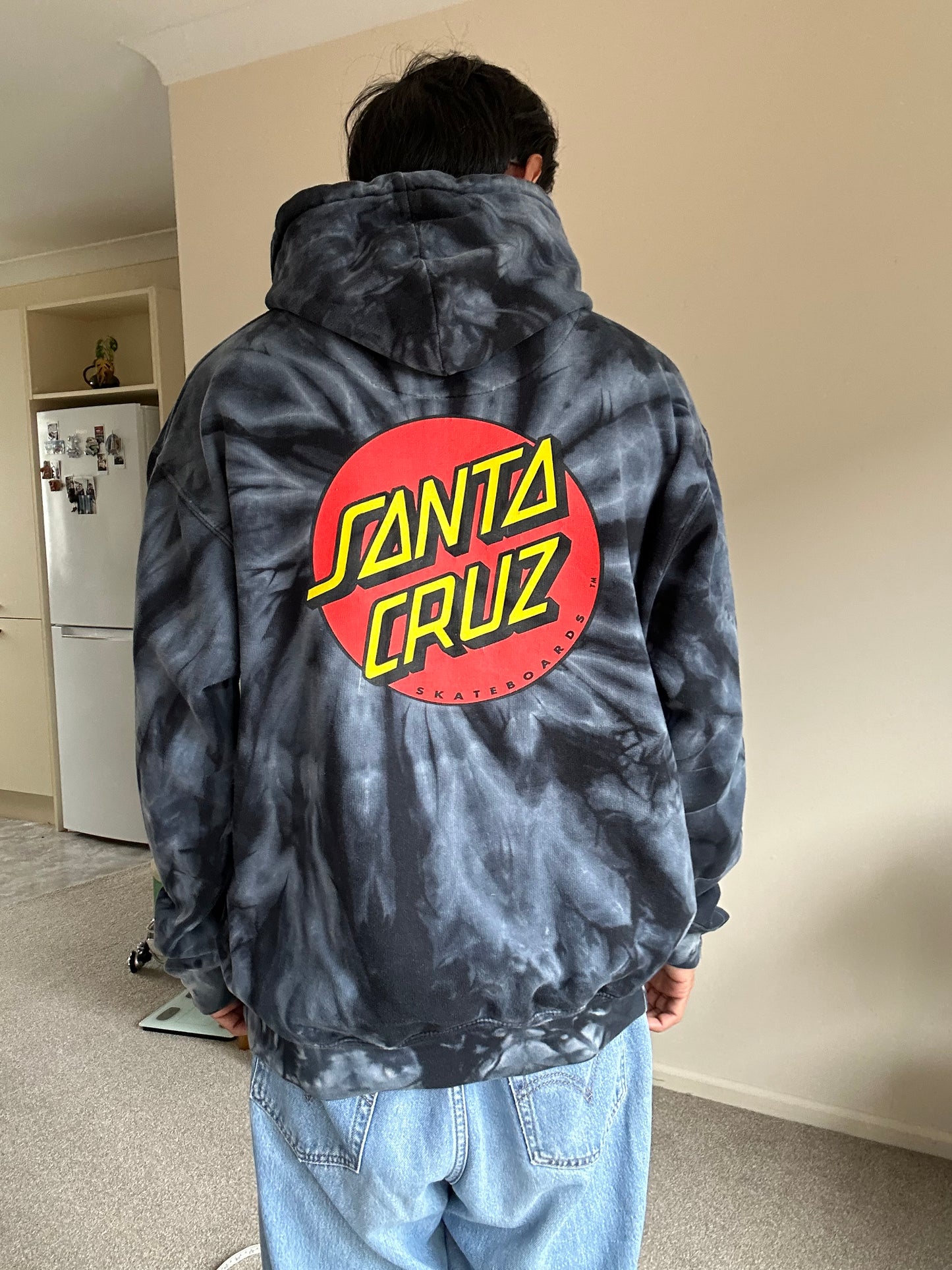 Santa Cruz Skateboards Adult Pullover Hoodie, featuring a Colortone black and gray tie-dye design Large