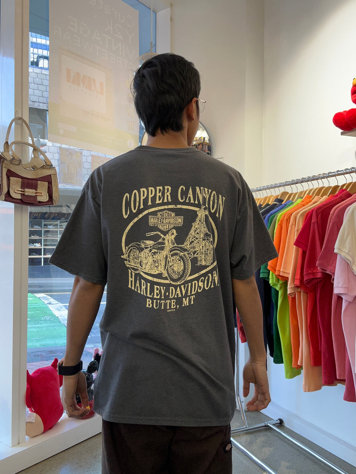 Harley-Davidson "Good Clean Fun" vintage grey graphic t-shirt featuring a pin-up rider on a motorcycle Butte Montana