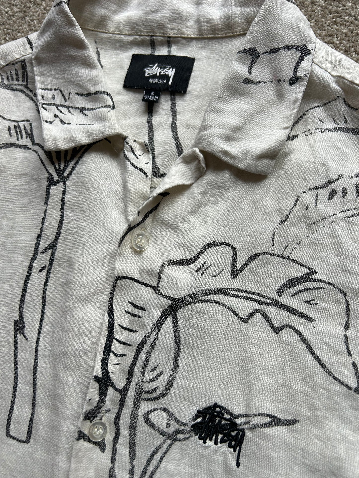 Stussy Linen All Over Print Polo Cream Large