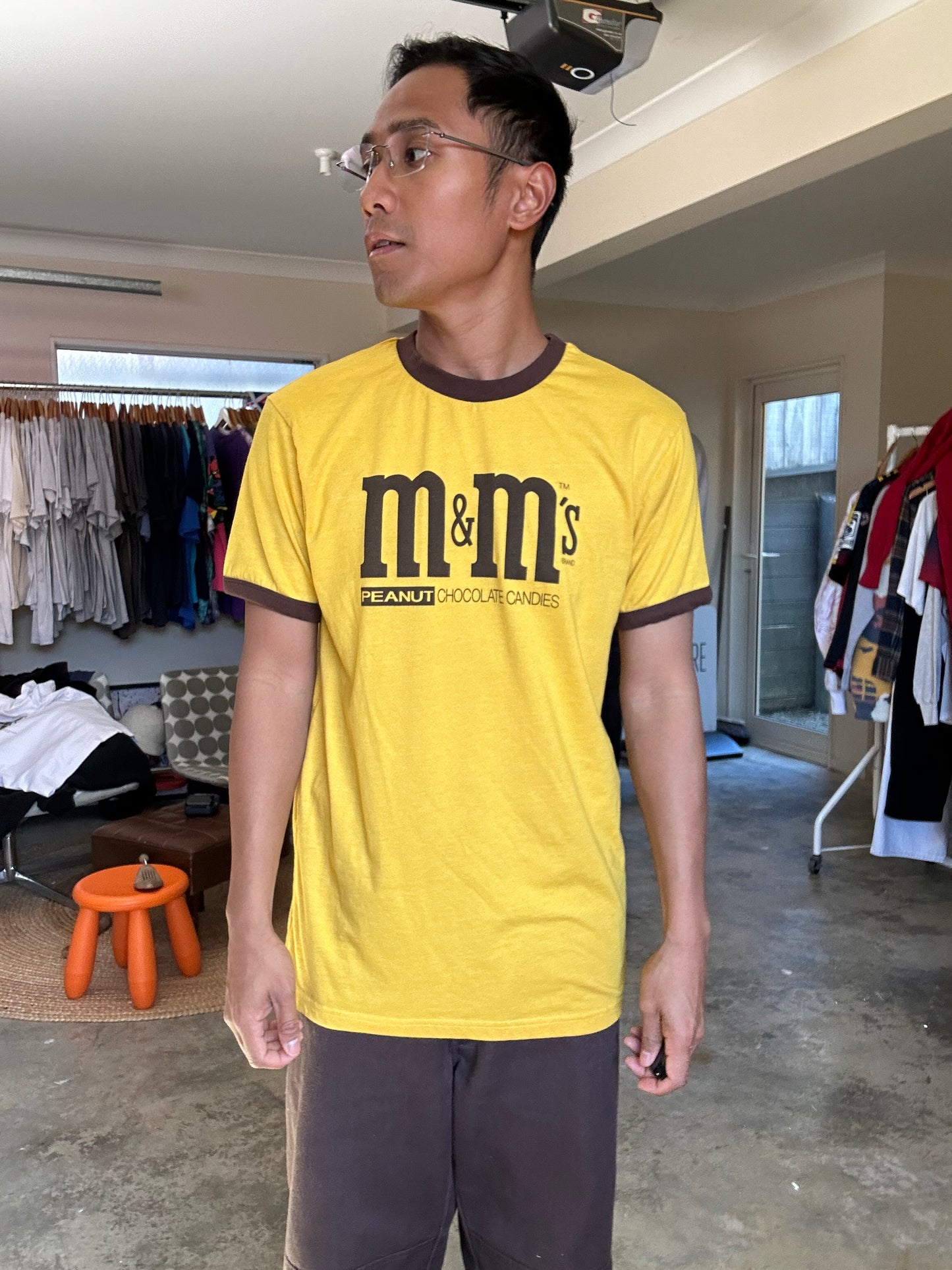 yellow M&M's Peanut Chocolate Candies ringer t-shirt featuring brown trim Medium