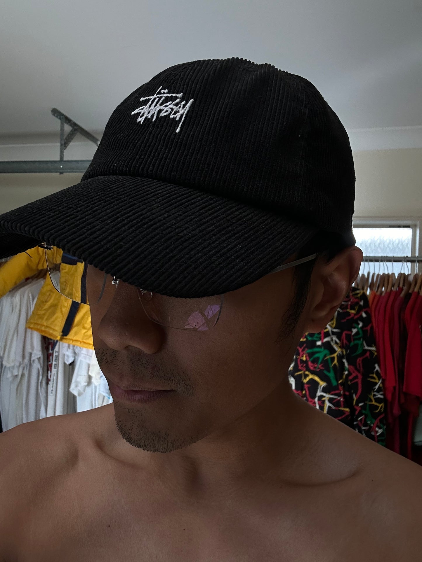 Stussy Graffiti Cord Low Pro Cap in black corduroy fabric Osfa
