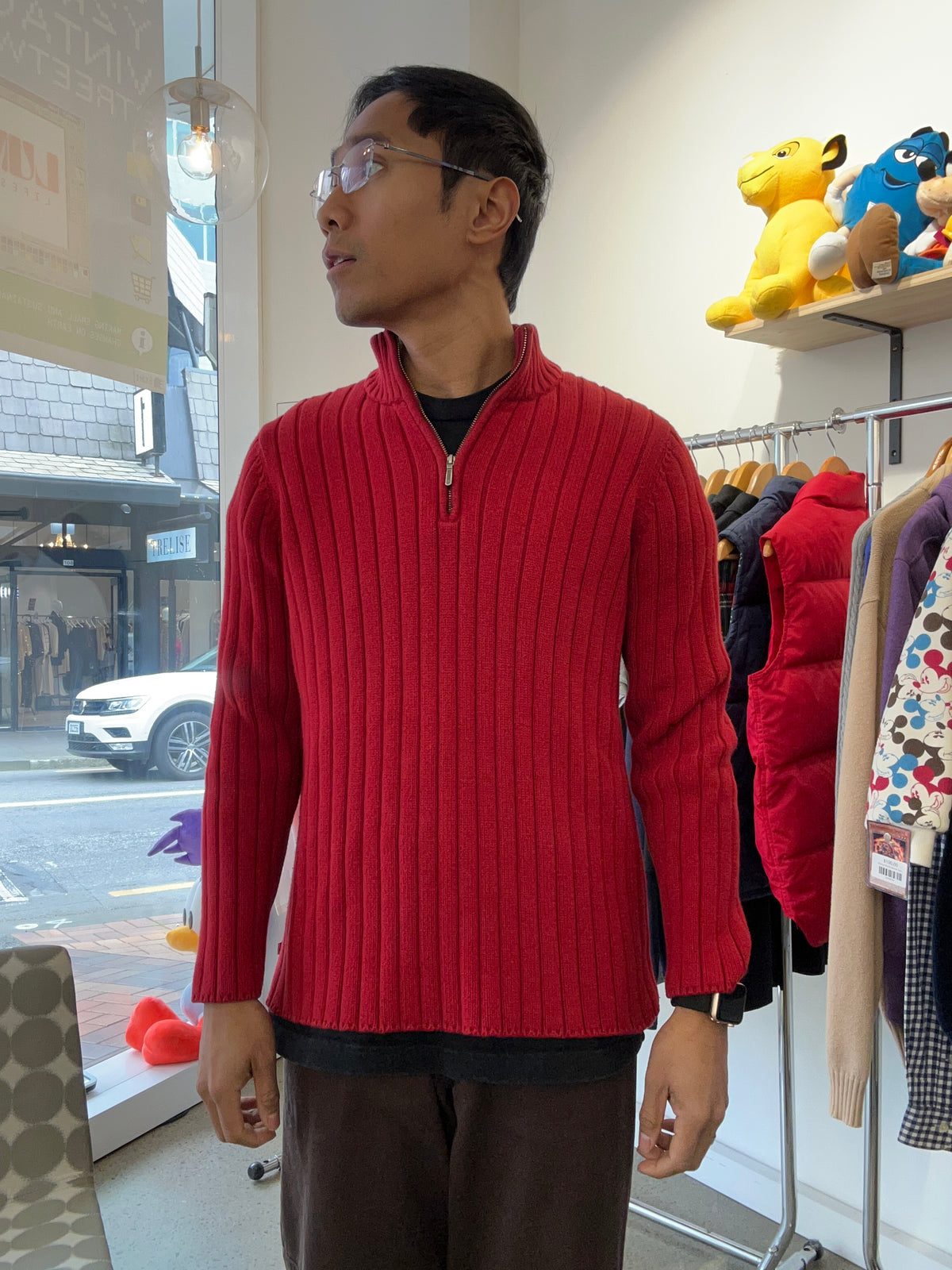 classic red ribbed quarter-zip sweater by Polo Ralph Lauren featuring a high mock neckline and textured vertical ribbing Small