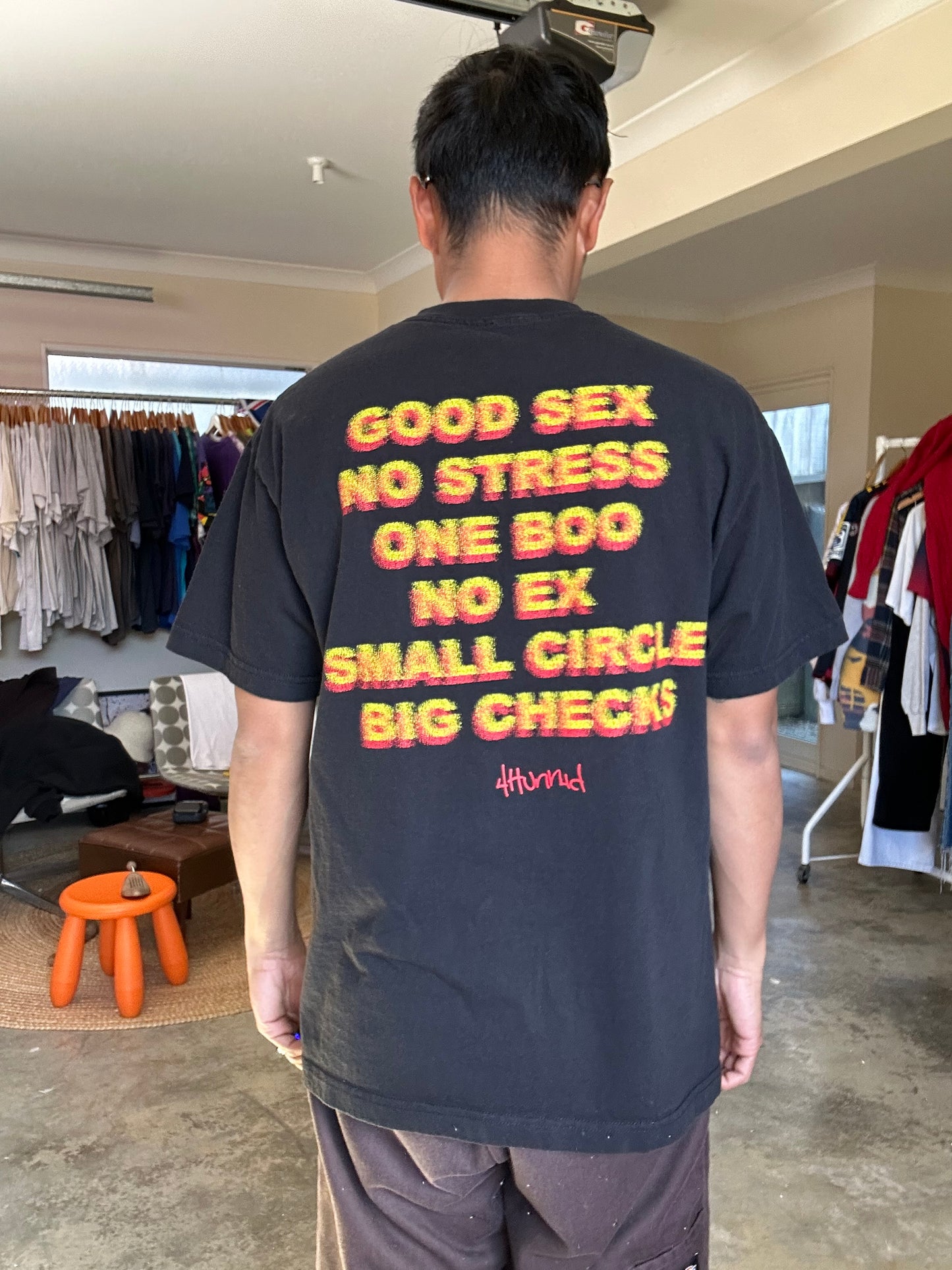 black 4Hunnid "Good Sex" graphic t-shirt featuring textured lettering on the back Large