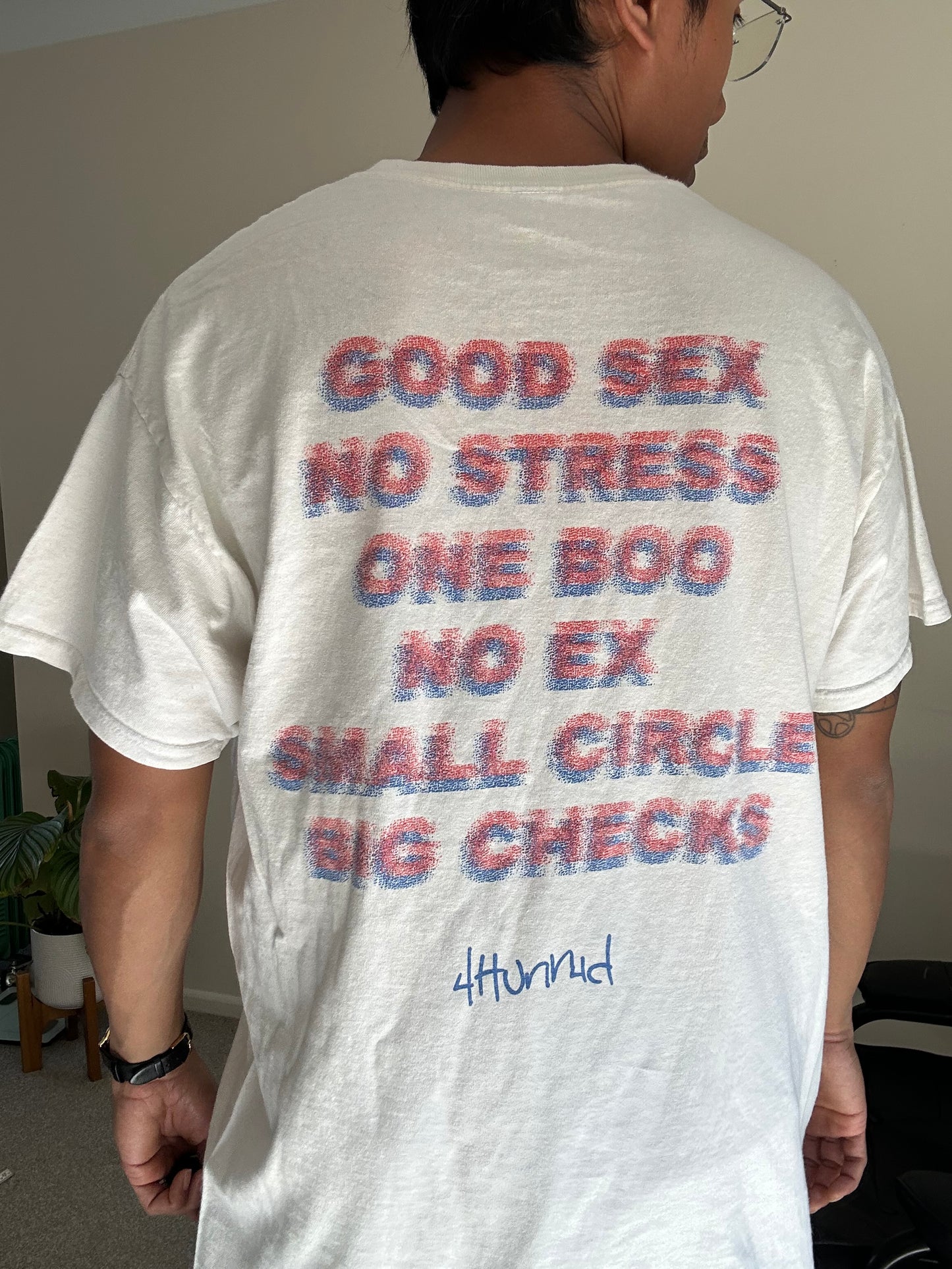 4Hunnid "Good S*x No Stress" t-shirt White Large with Stains