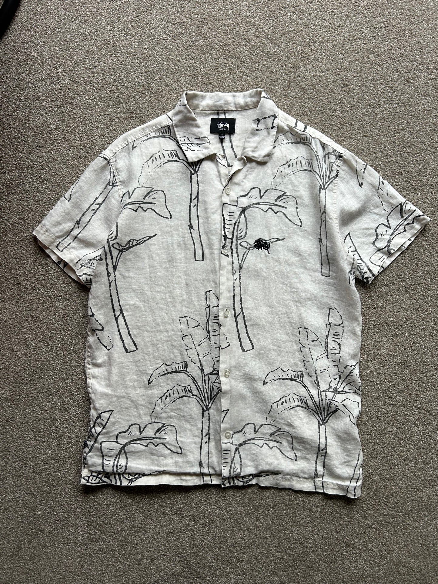 Stussy Linen All Over Print Polo Cream Large