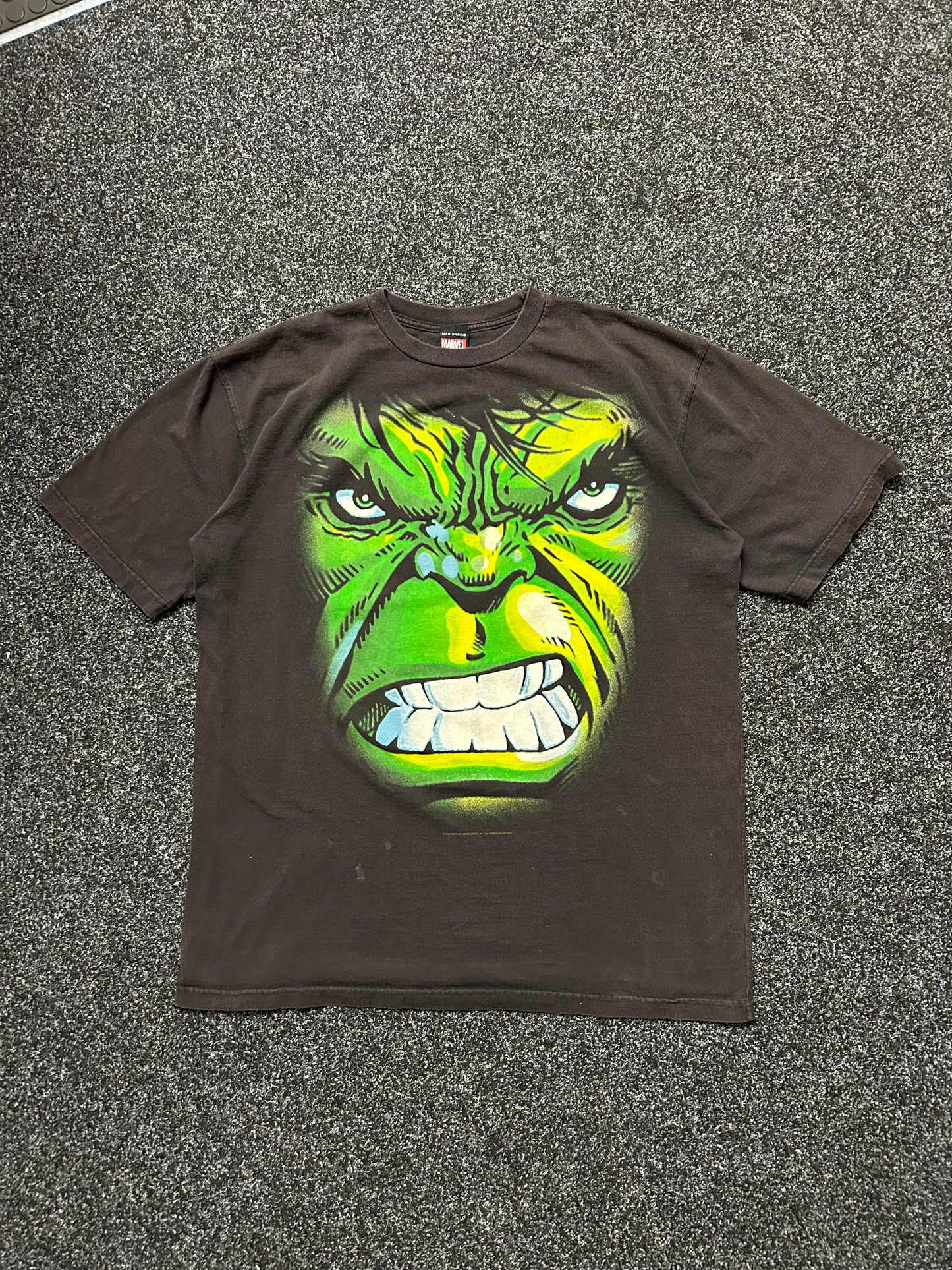 Vintage 2002 Marvel Comics The Incredible Hulk Graphic T-Shirt Mega Print Glitter XL Mad Engine Tag Black