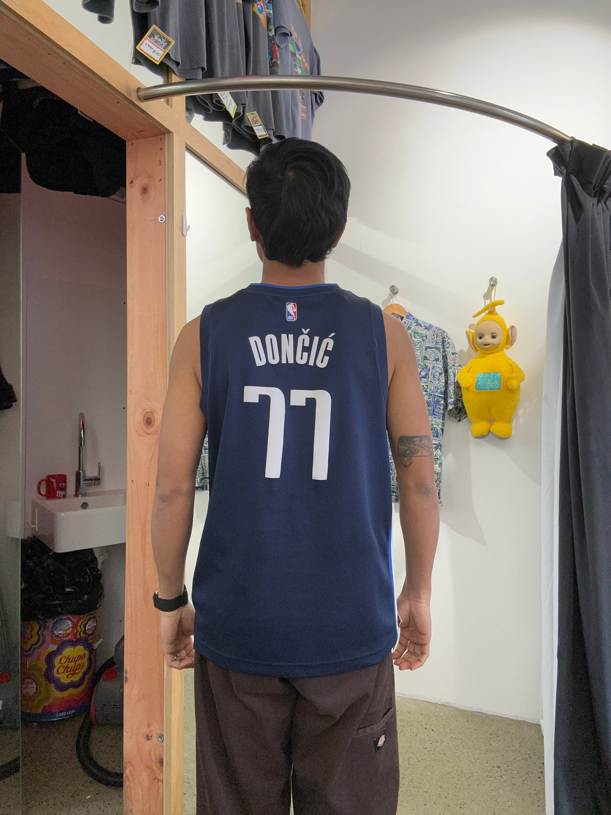 blue Nike NBA Luka Dončić Dallas Mavericks Statement Edition Swingman Jersey featuring the number 77 Small