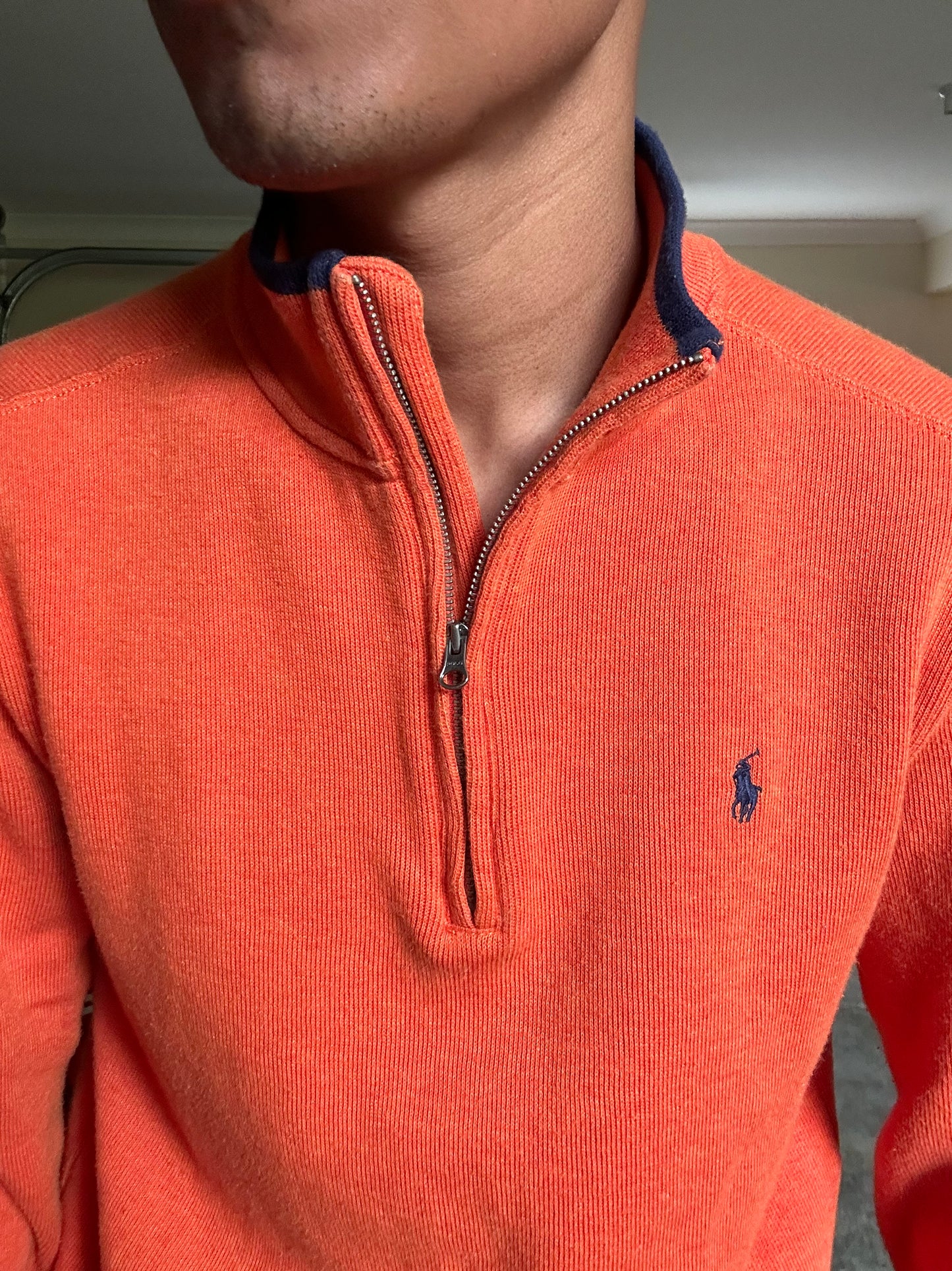 Polo Ralph Lauren quarter-zip pullover sweater, orange with a signature embroidered pony logo Medium