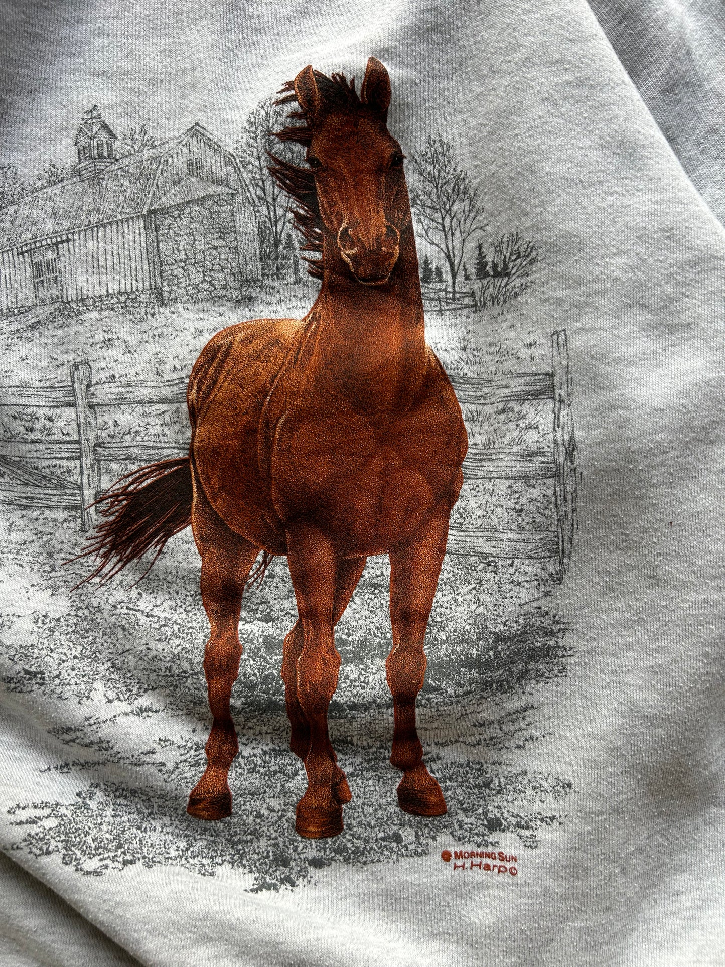 Vintage Horse Print Grey Sweater Medium Jerzees Tag