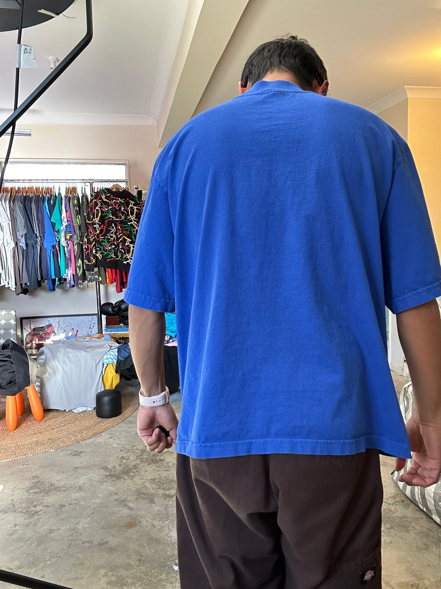 royal blue Kanye West "Jesus Is King" vinyl merchandise t-shirt featuring yellow puff print text Medium