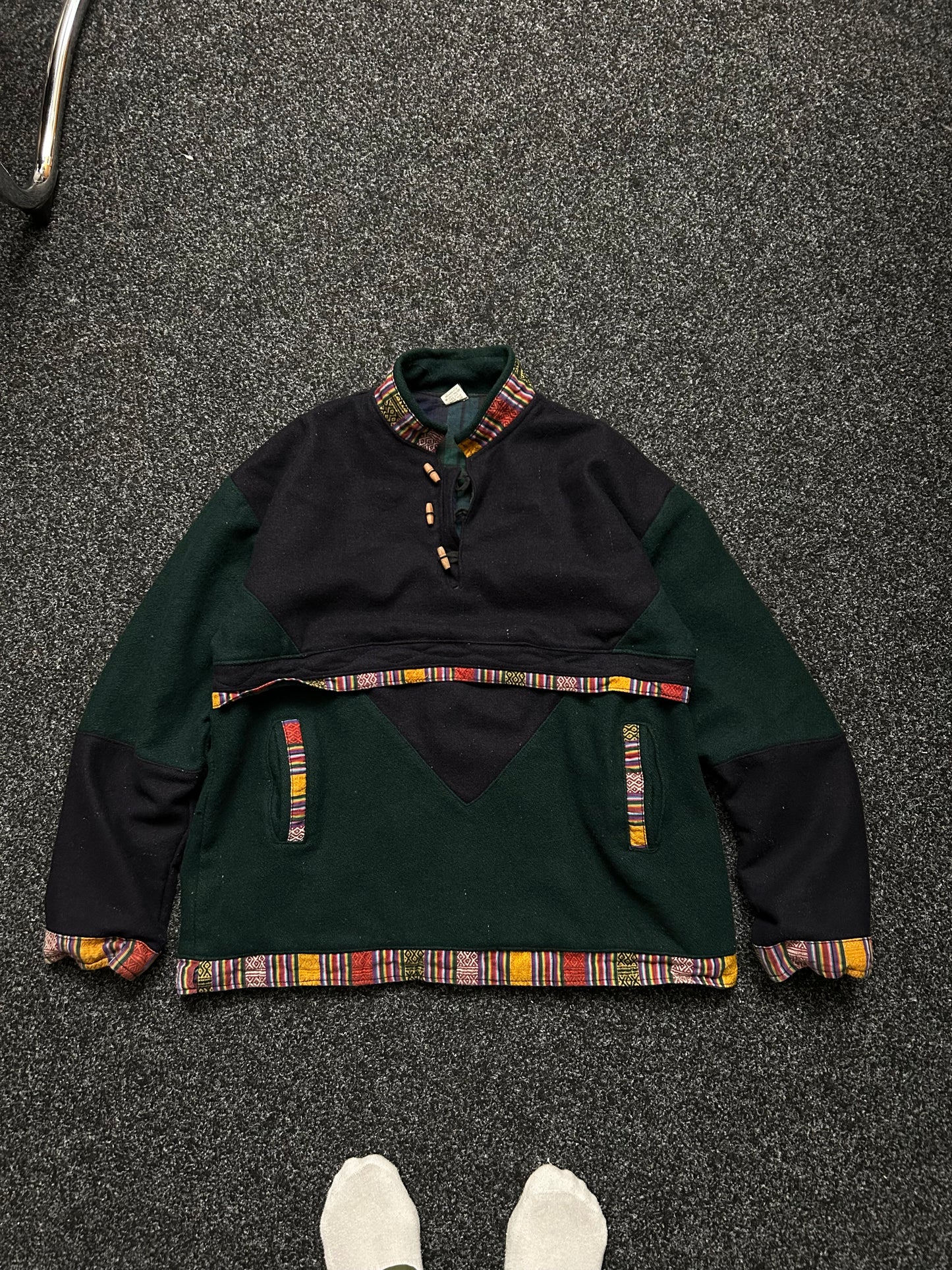 Mens Heavy Flannel Lined Nepal Hoodie Hippie Pullover Hidden Stash Pocket L