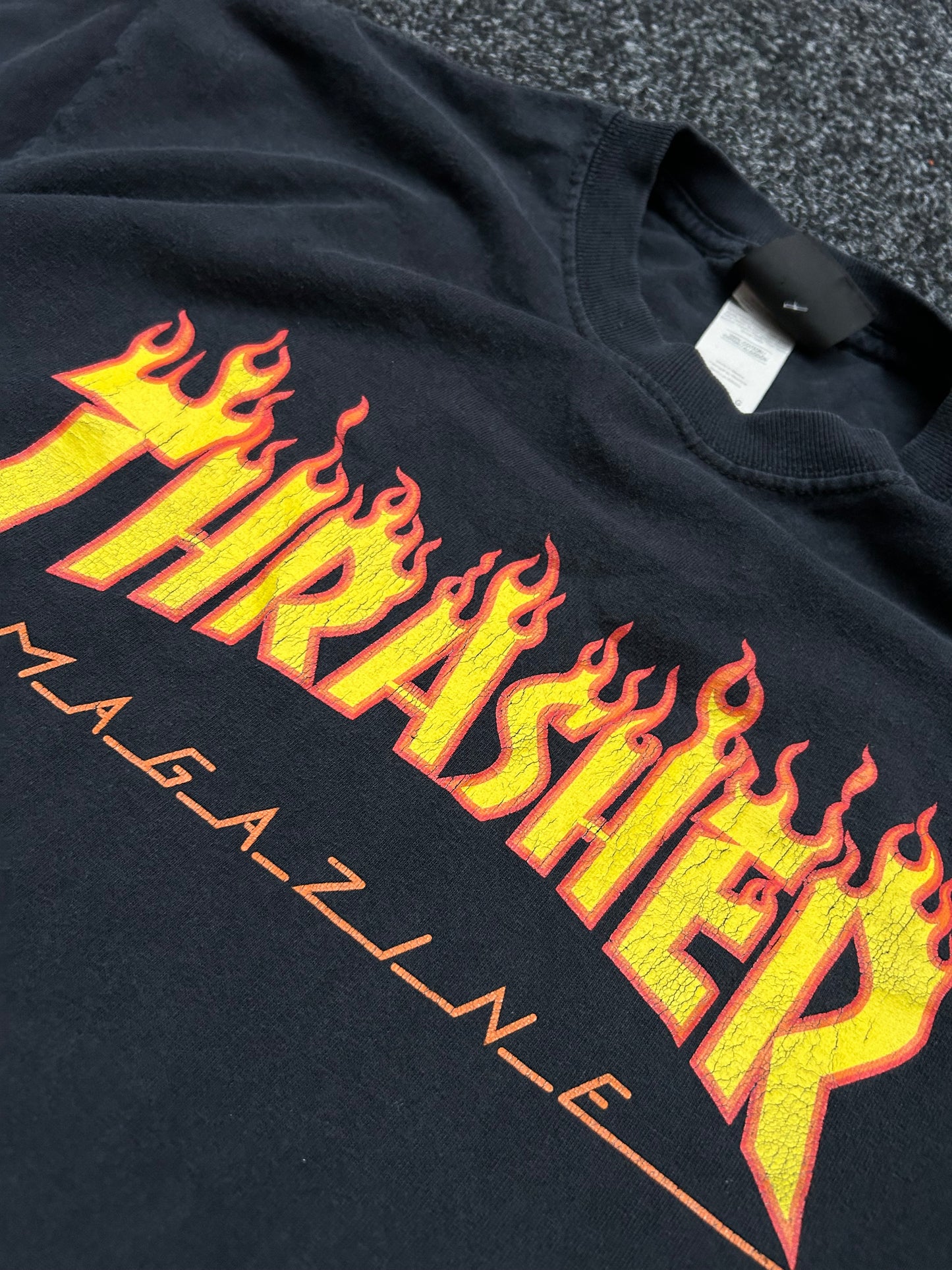 Thrasher Flame Tee Black Large Faded