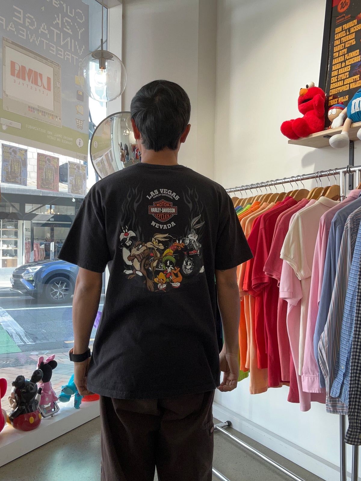 vintage Harley-Davidson x Looney Tunes Wile E. Coyote black t-shirt featuring a flaming motorcycle graphic Large