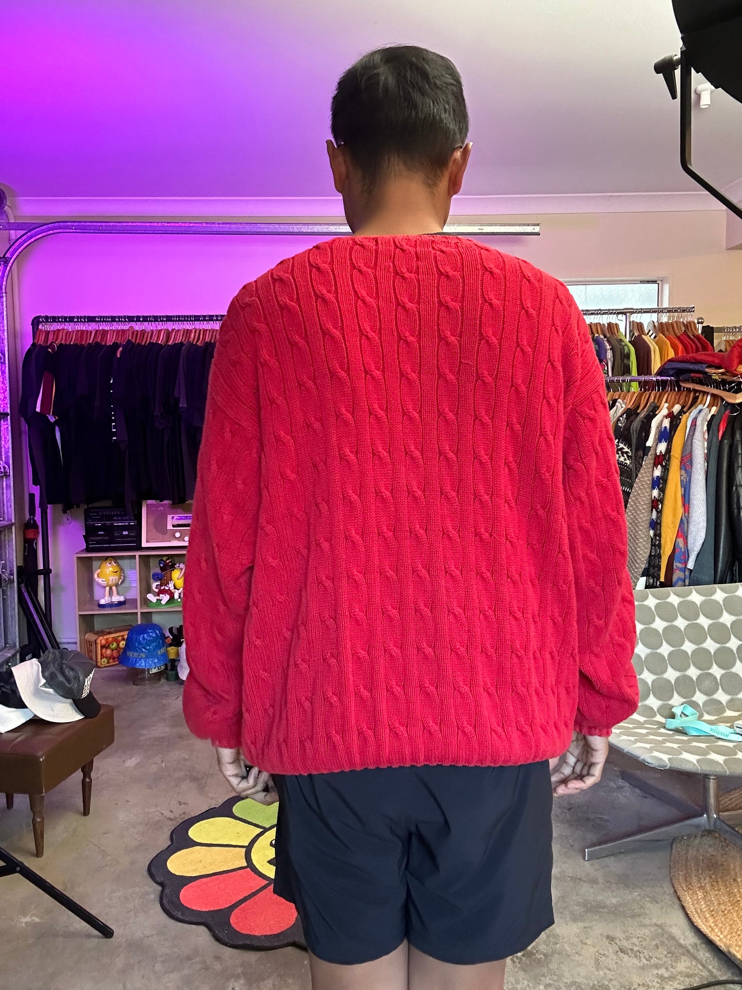 Vintage Faded Polo by Ralph Lauren cable-knit cotton sweater in red Large