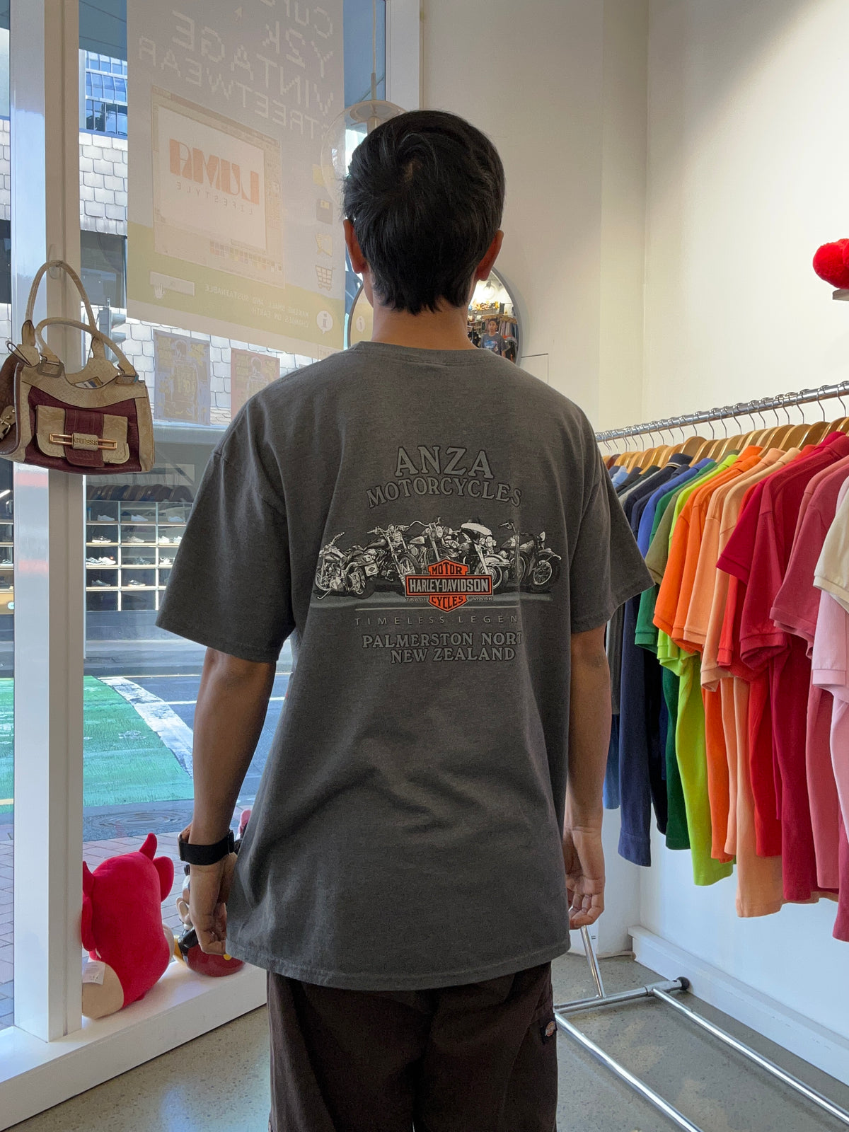 vintage Harley-Davidson "New Zealand" graphic t-shirt featuring a kiwi bird character in a leather jacket next to a red motorcycle Palmerston North Latge