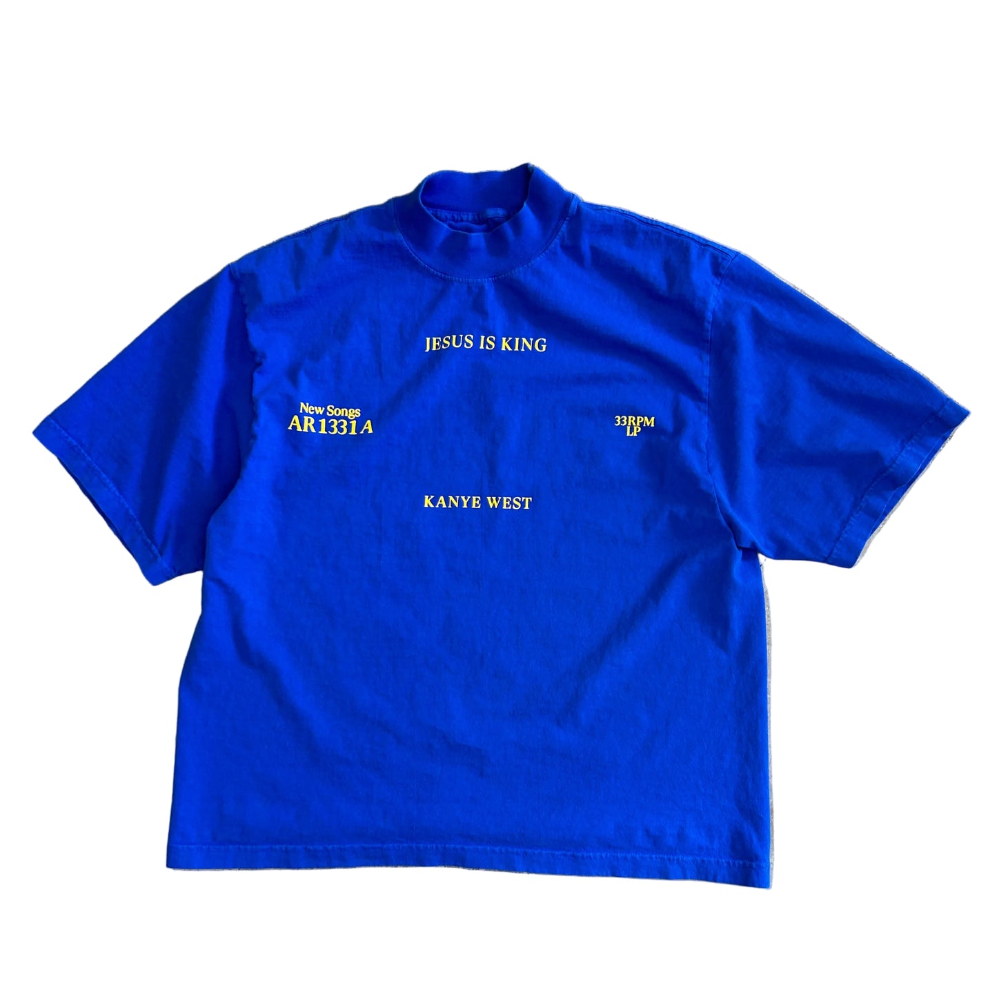 royal blue Kanye West "Jesus Is King" vinyl merchandise t-shirt featuring yellow puff print text Medium