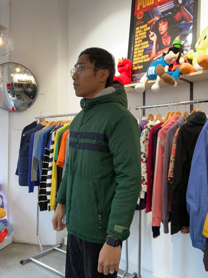 Gap kids' full-zip hooded jacket with dark horizontal chest stripes and a grey fleece lining. Small Mens