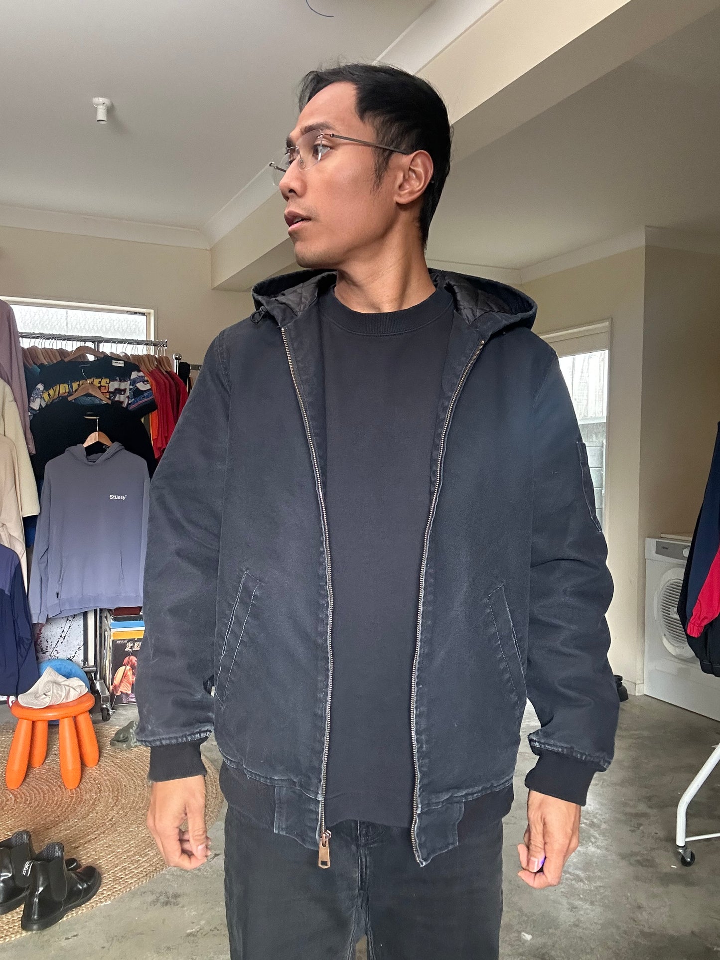 black hooded jacket from the Lands' End Workwear line, featuring a quilted lining Medium