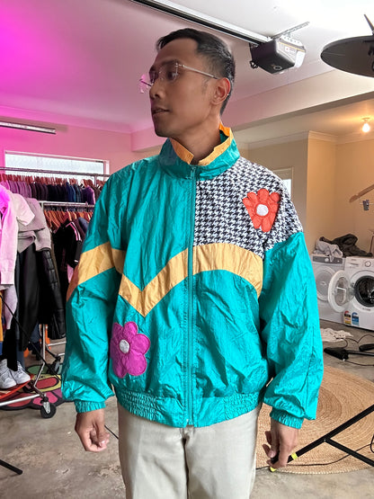 vintage London Fog teal green windbreaker jacket featuring a floral pattern and houndstooth Medium Green
