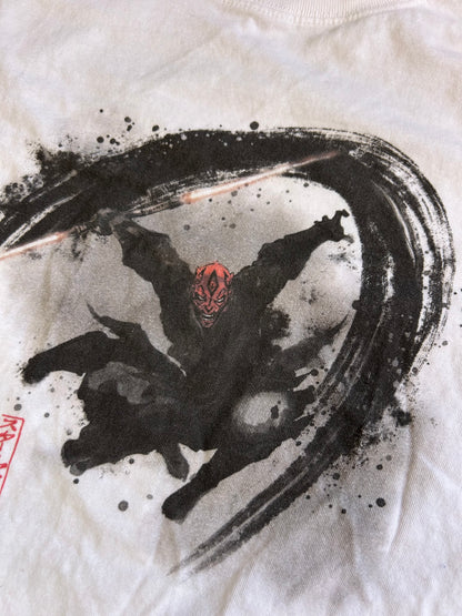 white Star Wars themed t-shirt featuring a Japanese-style ink brush graphic of the character Darth Maul XL