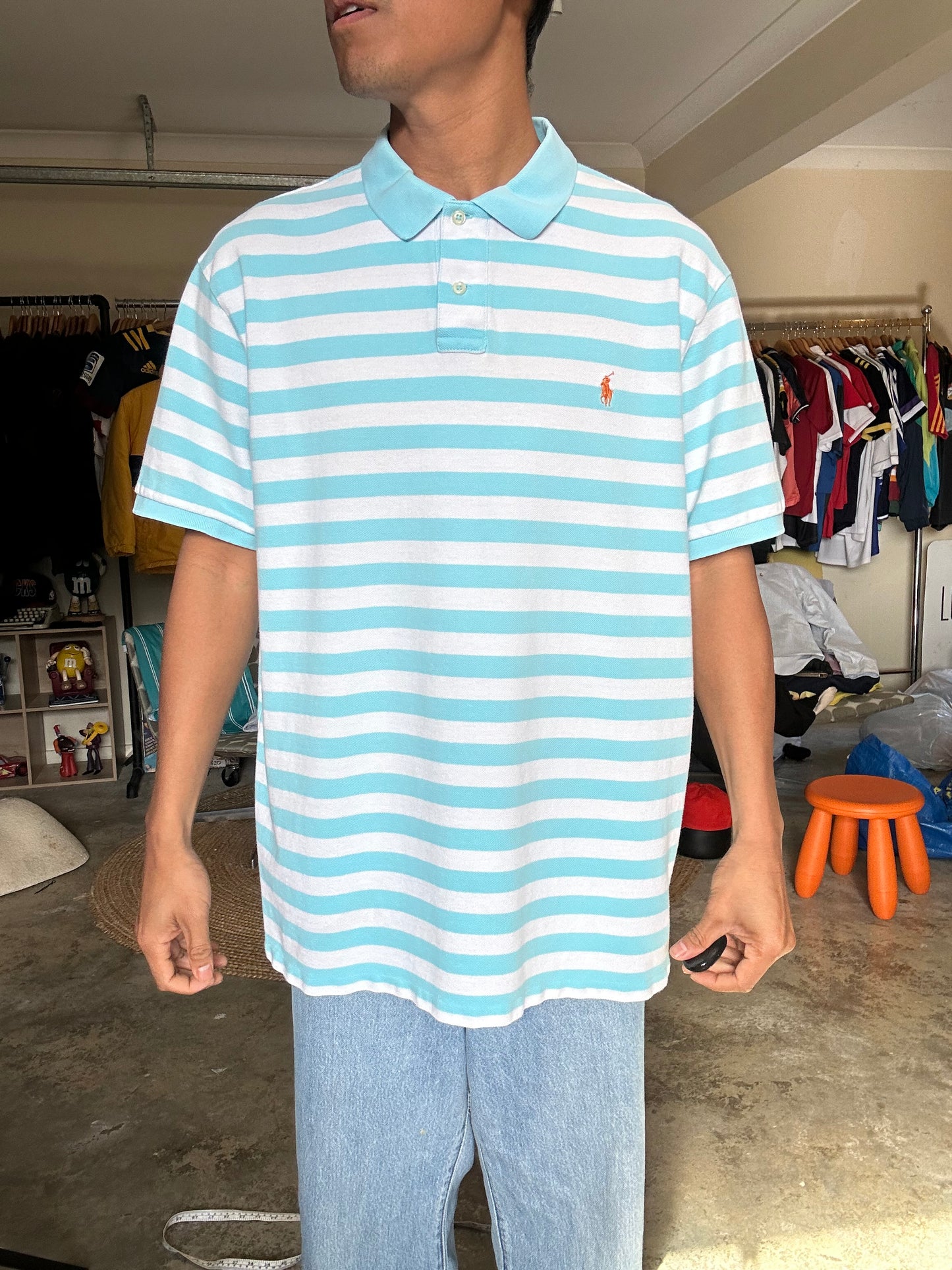 Polo Ralph Lauren light blue and white striped cotton polo shirt 2XL