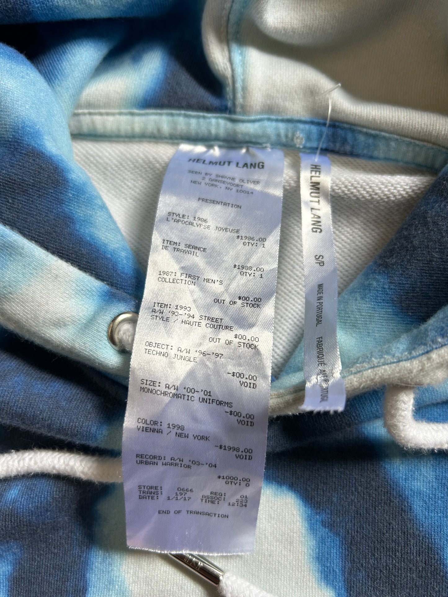 Helmut Lang tie-dye graphic hoodie from the 2018 Spring collection, designed by Shayne Oliver Small Blue