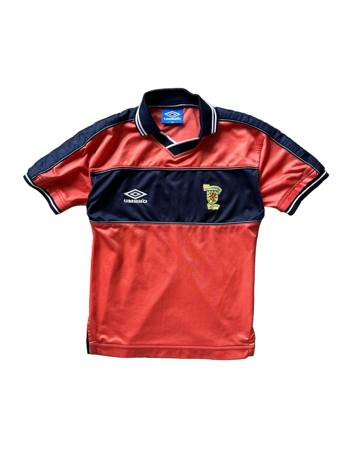 1999-00 Scotland Umbro away football shirt, featuring a distinct coral red body with navy blue accents XS Youth 10-12