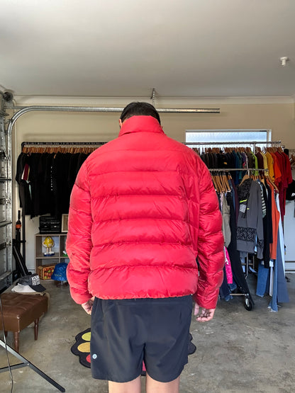 red down puffer jacket from Polo Ralph Lauren, characterized by its quilted design and signature embroidered pony logo on the chest Large