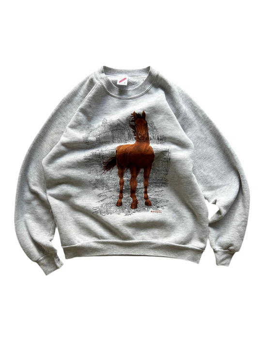 Vintage Horse Print Grey Sweater Medium Jerzees Tag