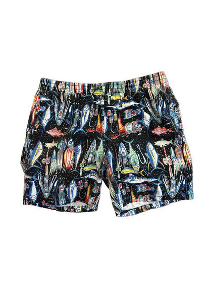 Stüssy beach shorts featuring an all-over fishing-themed graphic print size 34