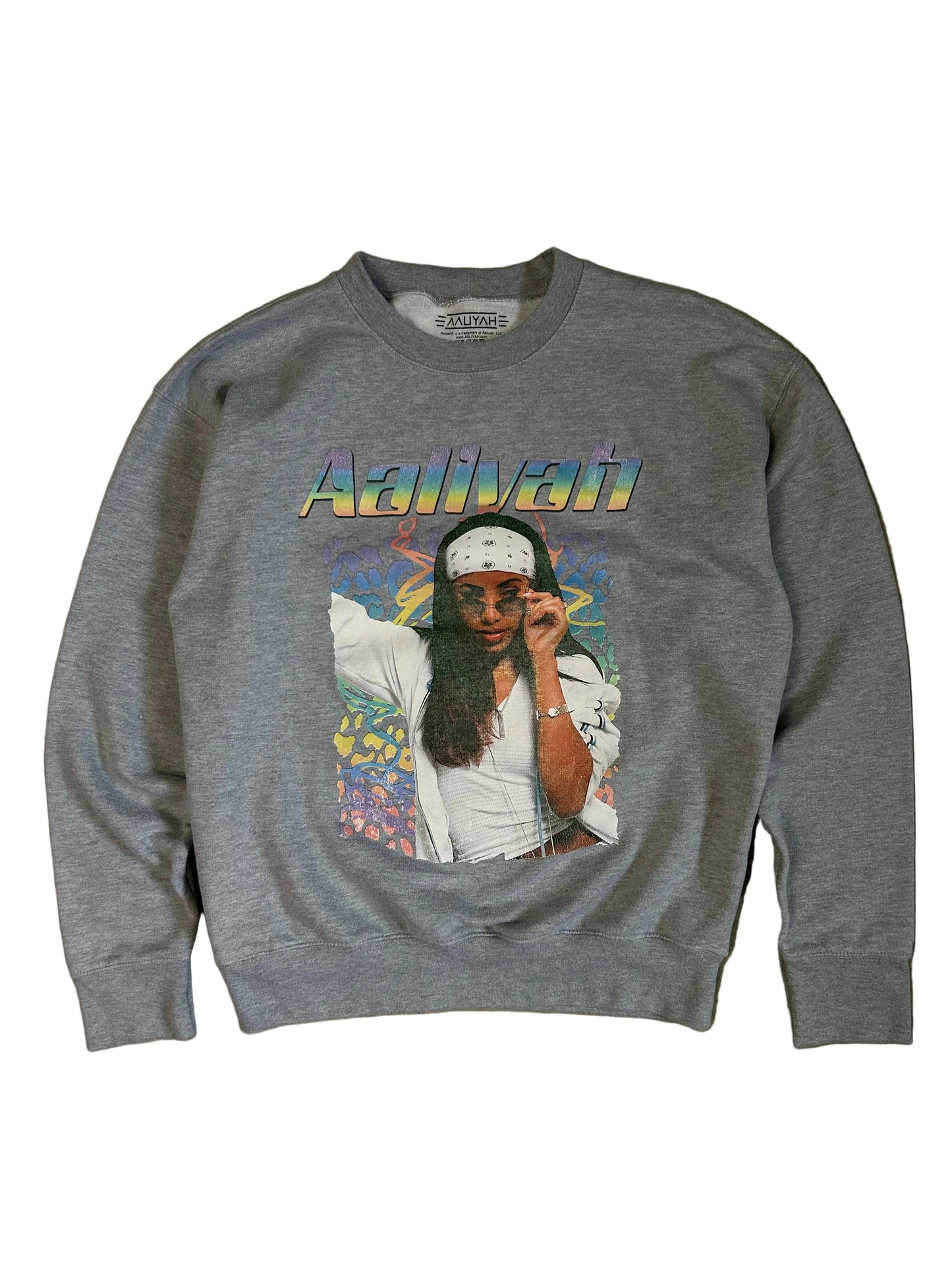 gray crewneck sweatshirt featuring a graphic of the singer Aaliyah Medium