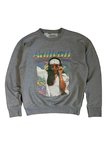 gray crewneck sweatshirt featuring a graphic of the singer Aaliyah Medium