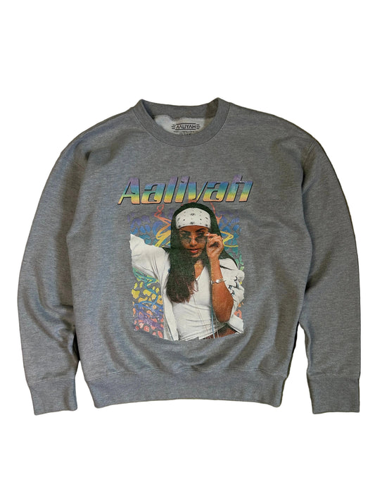gray crewneck sweatshirt featuring a graphic of the singer Aaliyah Medium