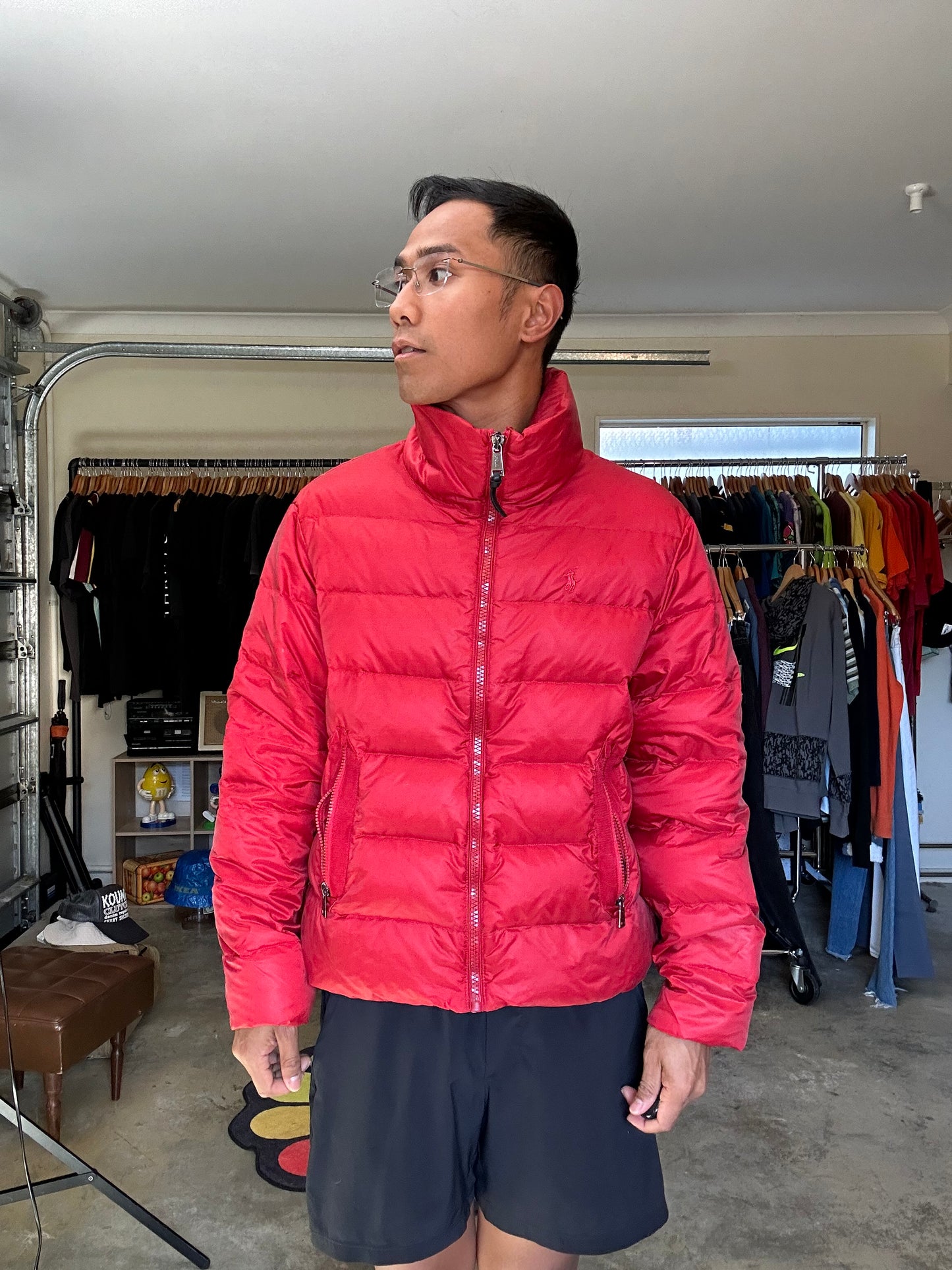 red down puffer jacket from Polo Ralph Lauren, characterized by its quilted design and signature embroidered pony logo on the chest Large
