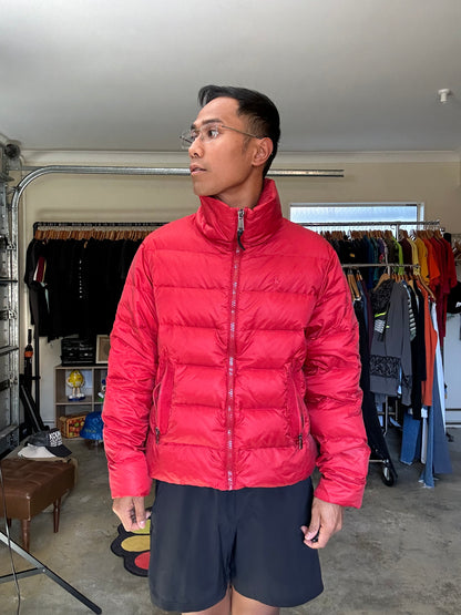 red down puffer jacket from Polo Ralph Lauren, characterized by its quilted design and signature embroidered pony logo on the chest Large