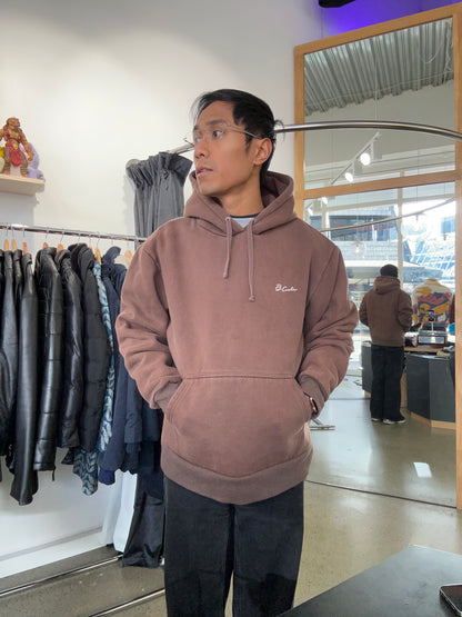 brown Barney Cools hoodie features a small white embroidered logo on the chest and a relaxed, boxy fit. Large