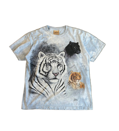 Vintage 2003 light blue tie-dye The Mountain T-shirt features a bold graphic of a white tiger, a black panther, and a tiger Large