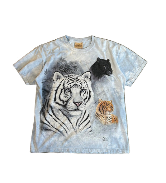 Vintage 2003 light blue tie-dye The Mountain T-shirt features a bold graphic of a white tiger, a black panther, and a tiger Large