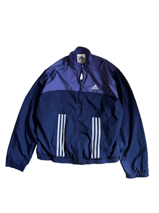 vintage Adidas windbreaker jacket, typically featuring a full-zip closure, dual side pockets, and the brand's signature stripes Large Purple