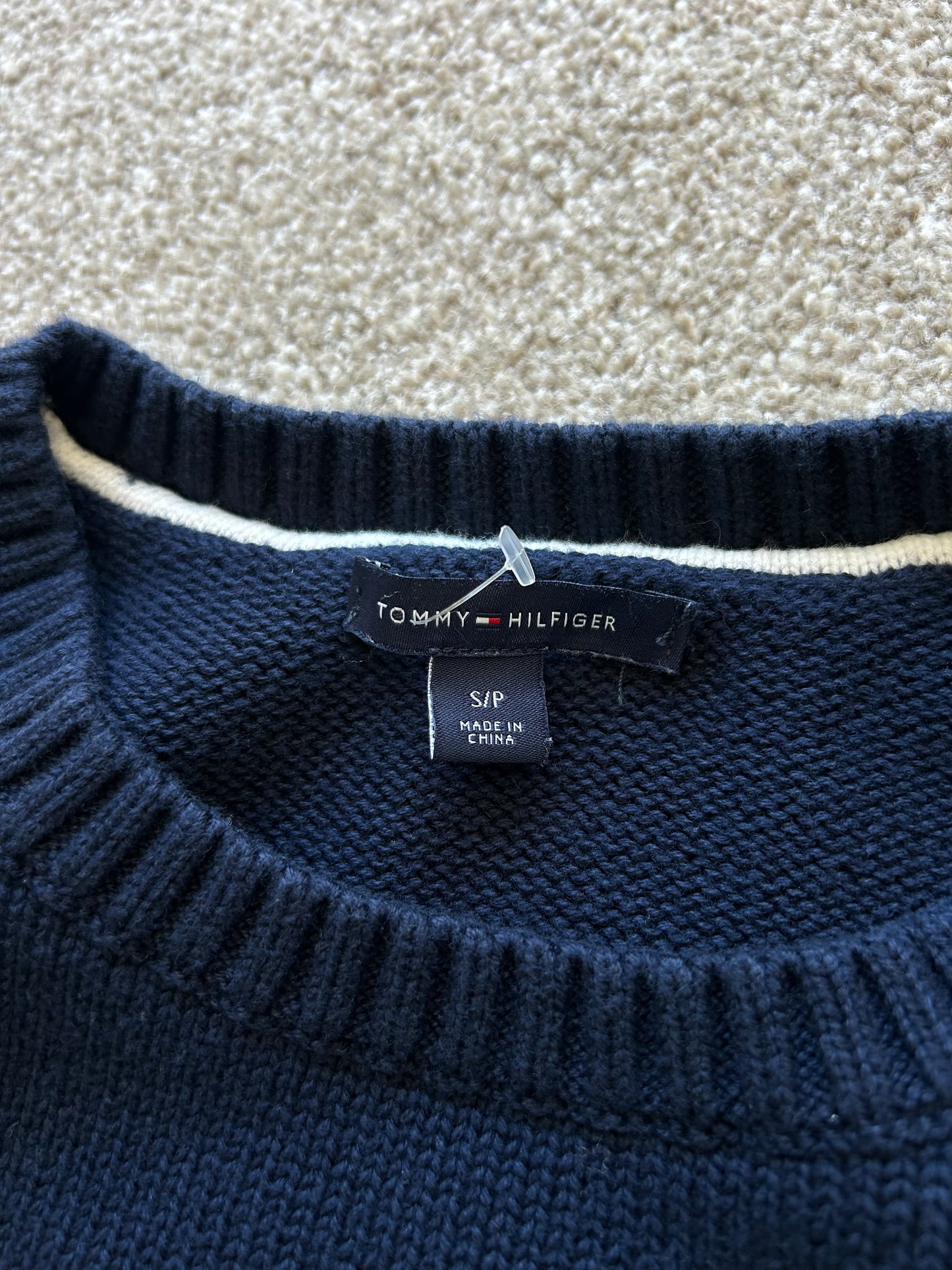 navy blue Tommy Hilfiger crew-neck cotton knit sweater with the iconic red and white flag logo on the chest Small Women's