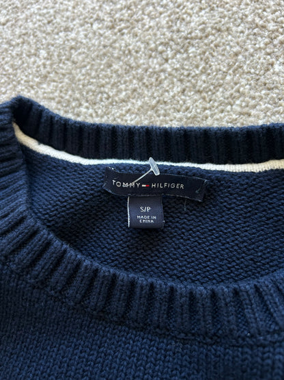 navy blue Tommy Hilfiger crew-neck cotton knit sweater with the iconic red and white flag logo on the chest Small Women's