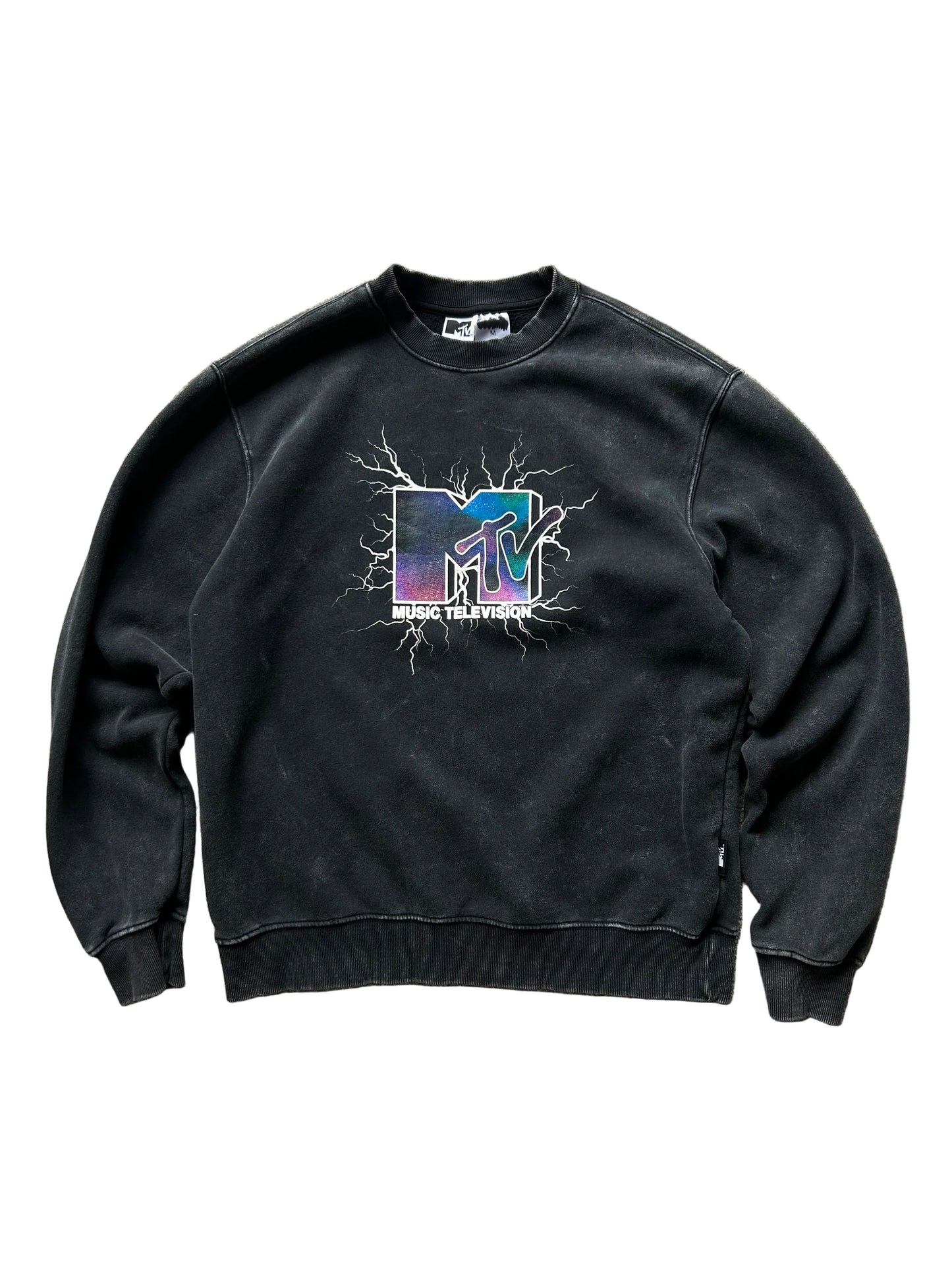 men's MTV Logo Lightning Metal Graphic Fleece Sweatshirt Black Medium