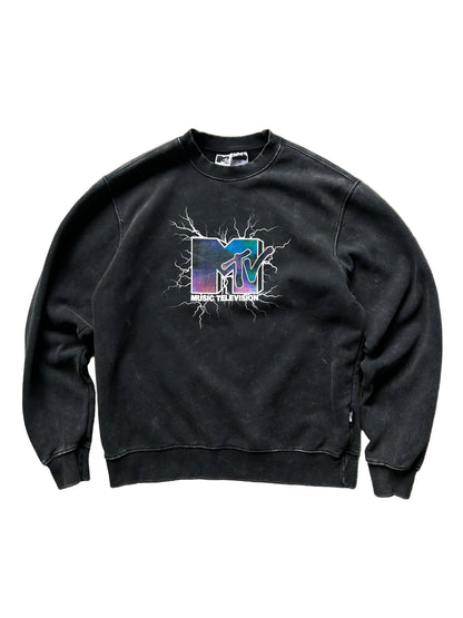 men's MTV Logo Lightning Metal Graphic Fleece Sweatshirt Black Medium