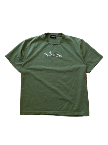 vintage Billabong graphic t-shirt in olive green with a distinctive embroidered logo Large