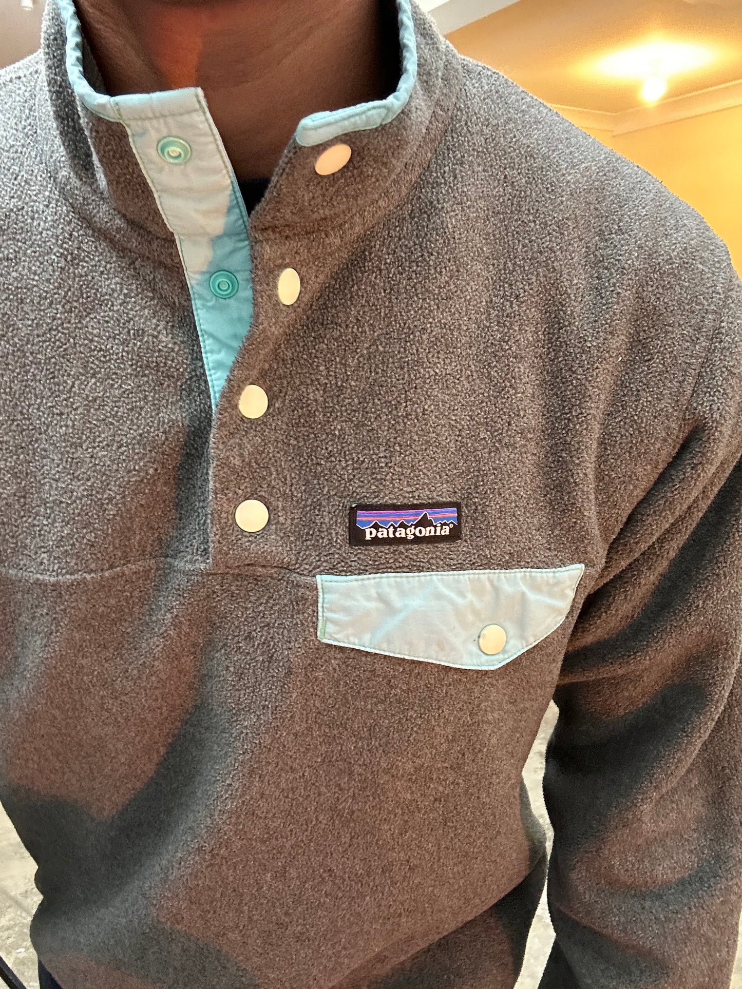 Patagonia Lightweight Synchilla Snap-T Fleece Pullover in dark gray with teal accents Small