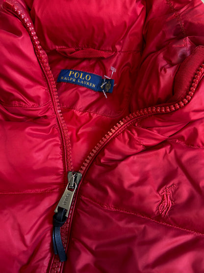 red down puffer jacket from Polo Ralph Lauren, characterized by its quilted design and signature embroidered pony logo on the chest Large