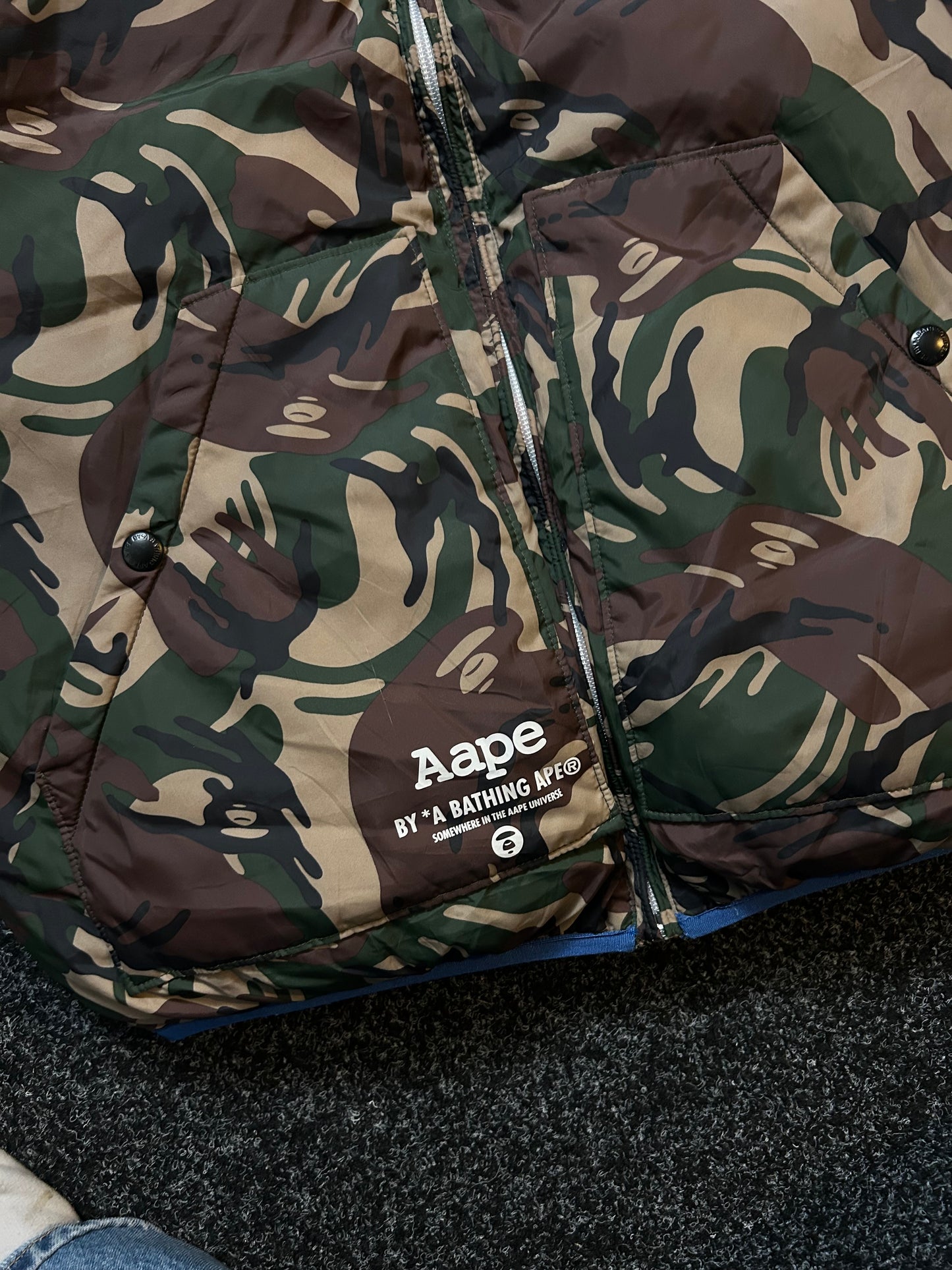A Bathing Ape AAPE BAPE Down Hooded Vest Reversible Large Pertex Blue Camo