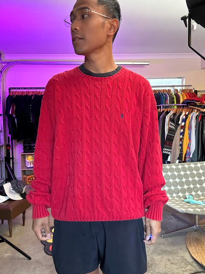 Vintage Faded Polo by Ralph Lauren cable-knit cotton sweater in red Large