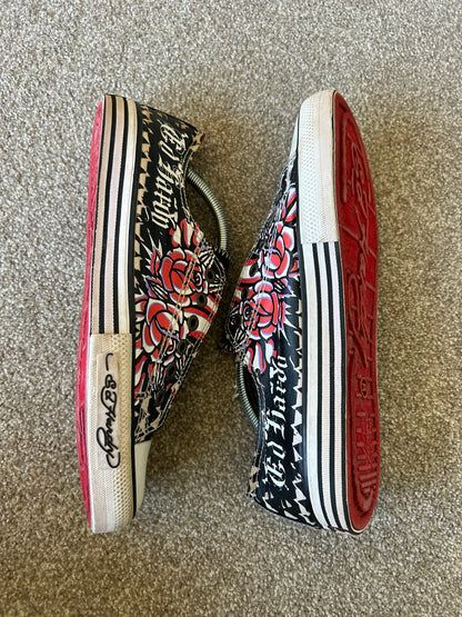 Ed Hardy slip-on canvas sneakers featuring an all-over tattoo print design size US 11 EU 44
