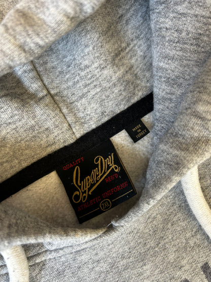 heather grey Superdry Vintage Logo Heritage Hoodie features a distinct cracked graphic print on the chest